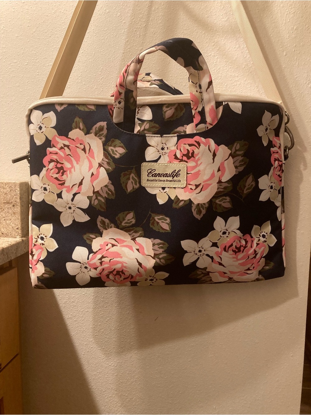 Canvastyle ~ Floral Laptop Tote Bag - Navy with Pink Roses